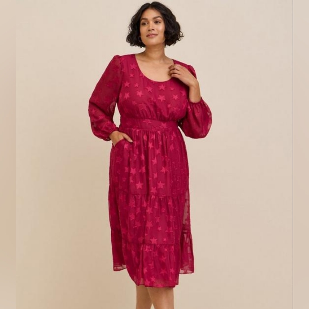 Torrid Midi Clip Dot Chiffon Tiered Dress